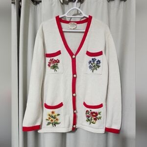 Susan Bristol Cardigan with Red Trim and Floral Hand Embroidery